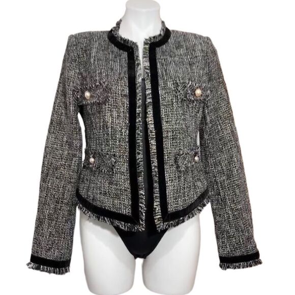 LUXY USA Black Tweed Collarless Fringe Trim Blazer New Size Medium - Picture 1 of 10